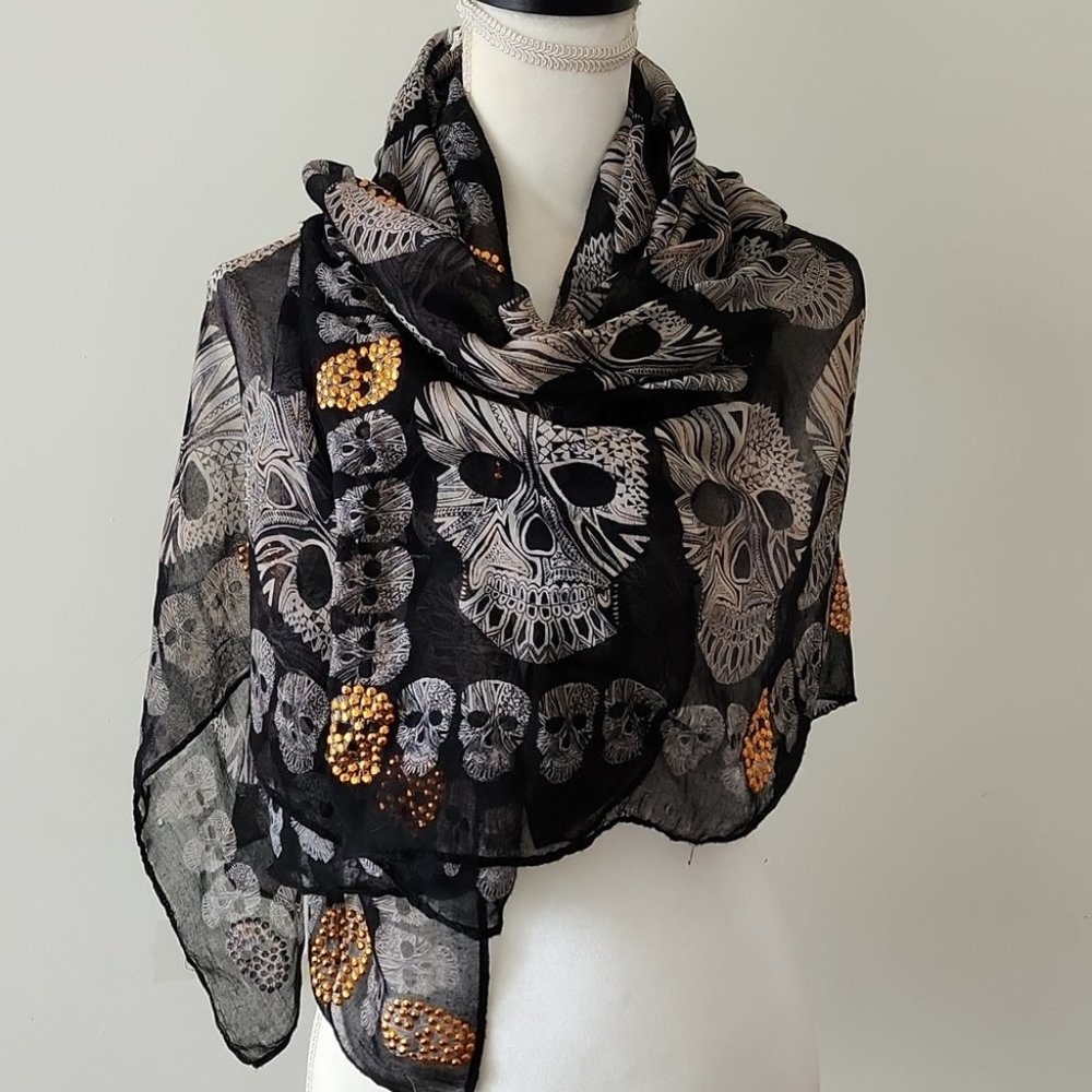 Skulls Orange Studs Wrap Scarf XL 44"×48" A1